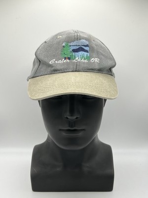 Vintage Crater Lake Oregon Hat Two Tone Gray Tan Strapback Outdoor Scenic Cap