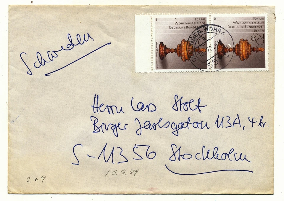 Brief nach Schweden mit 2 mal 70+ 35 Pfg Wohlfahrt, Gemünden 1988 - Bild 1 von 1