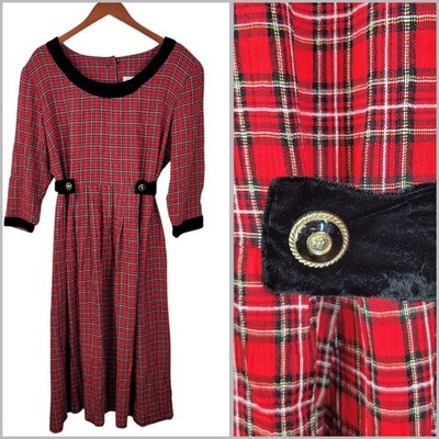Vintage Shirt Dress Plus Sz 20-22 2X Midi long Alt Plaid Tartan Red Velvet Trim 