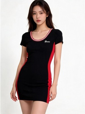 Rare Guess Colorblock Mini Dress Large Black Red Logo Striped Trim Stretch Y2K