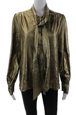 Lily Silk Women High Neck Brown Cotton Blouse Long Sleeve Button Size M