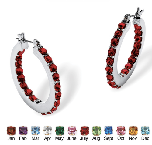 ROUND BIRTHSTONE INSIDE OUT HOOP EARRING SILVERTONE JULY RUBY - 第 1/1 張圖片
