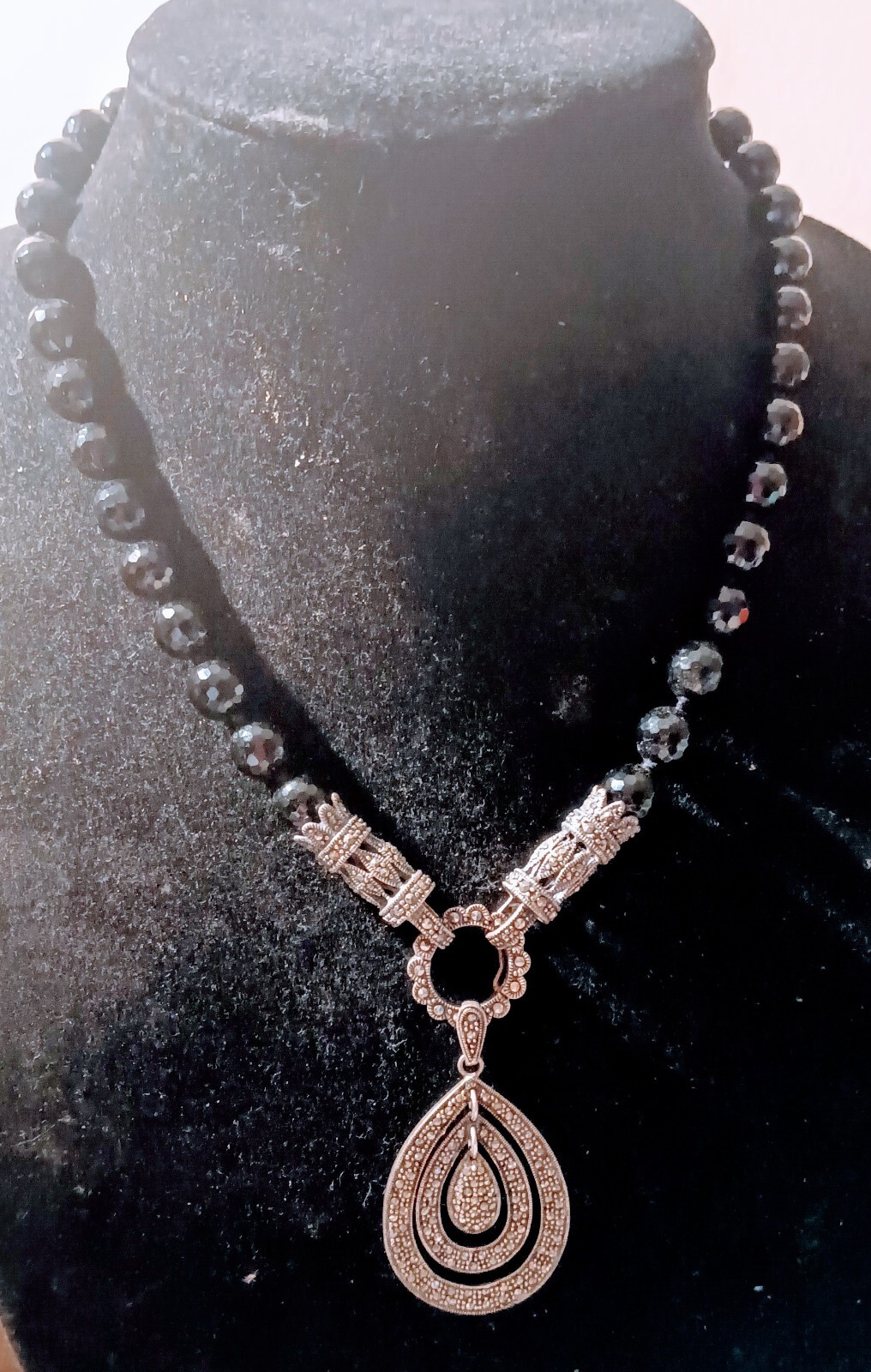 Sterling Silver Marcasite Black Obsidian With 2 Inch Charm Gemstone Necklace.