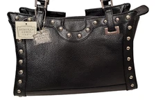 Black Pebbled Leather Shoulder Bag Studded Handbag Biker Chic Purse