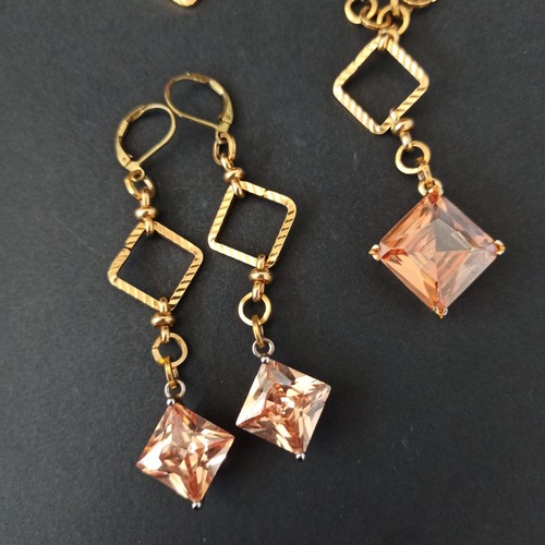 VTG Set Natural Quartz Crystal Y-Drop Gold Tone Cocktail Geometric Links Peach - Picture 7 of 20