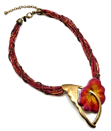 CHICO'S Hibiscus Hummingbird Flower Necklace Pink Enamel & Brass Multistrand 18"
