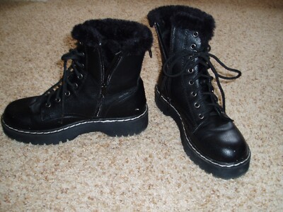UNION BAY HARMONY Black Boots Women 6.5 M Faux Leather & Faux Fur Side Zip 0 S/H