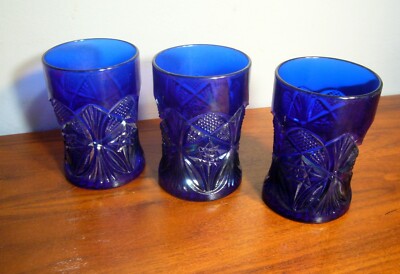 3 Drinking Glass Tumblers Cobalt Blue Bolivia Diamond Cut Block Lead Star bottom