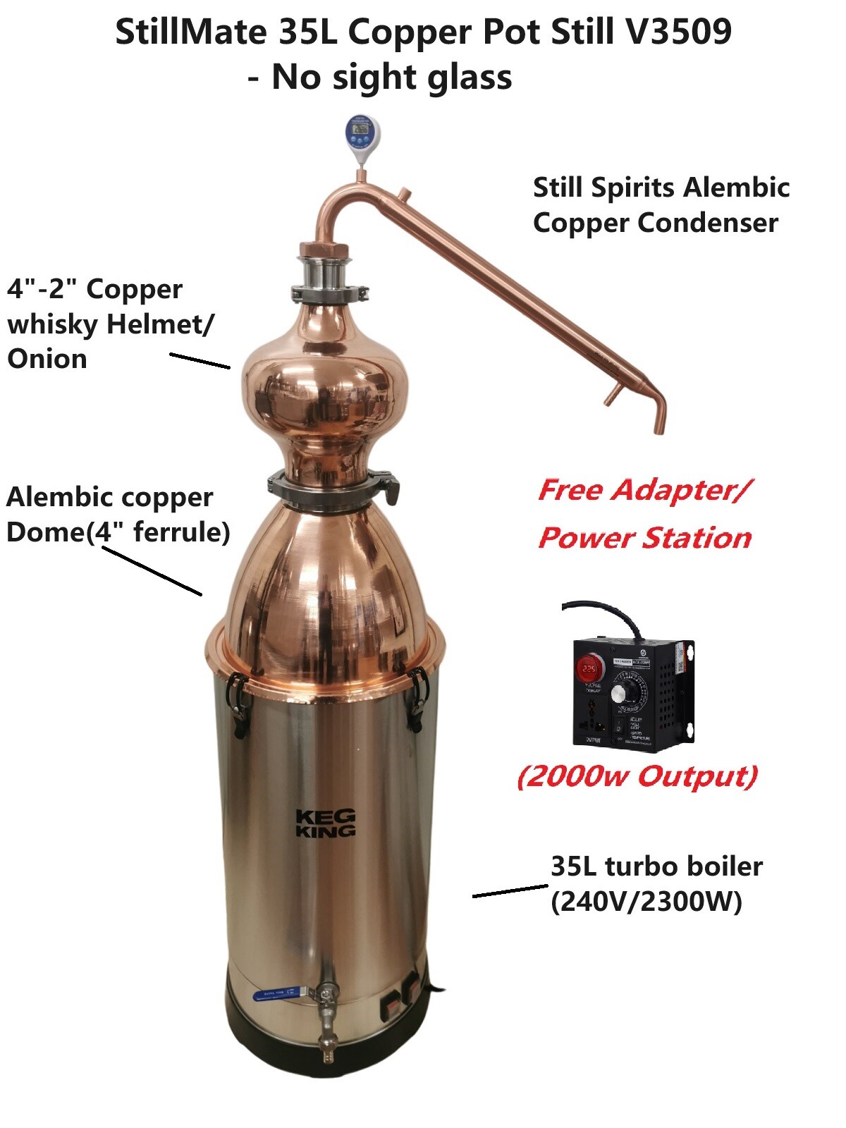 StillMate 35L Copper Pot still Kit V3509 with Copper dome/helmet whisky Making