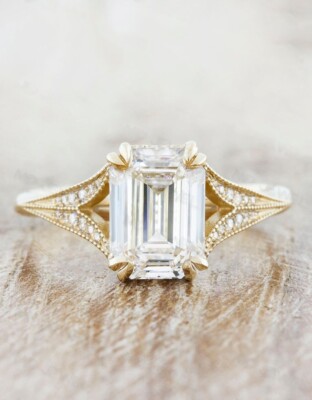 Vintage Emerald Cut Engagement Ring Unique 14k Yellow Gold FN Ring Milgrain Ring