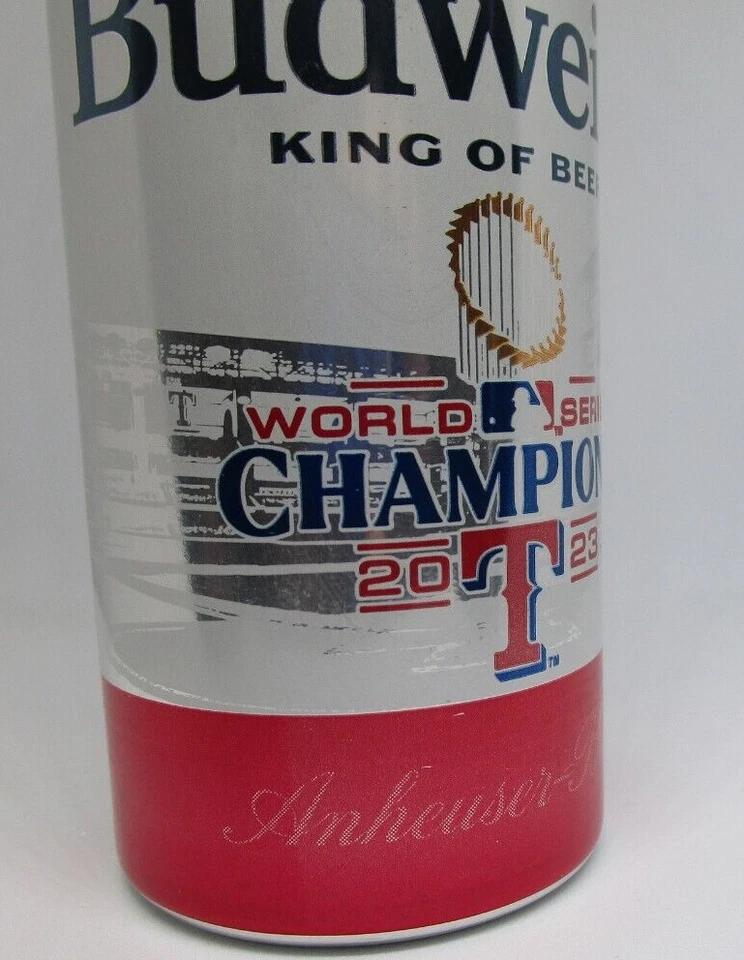 Botella de aluminio campeones de la Serie Mundial de Texas Rangers lata vacía cerveza Budweiser Foto 4 de 4