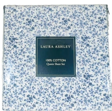 Queen Comfy Crisp & Cool Cotton  Percale Sheet Set Laura Ashley Blue Tierney