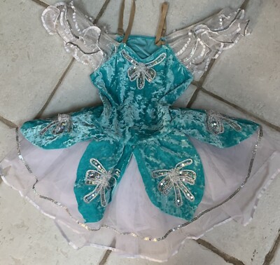 GIRLS FAIRY TU TU DANCE SIZE 10/12 COSTUME TURQ CRUSHED VELVET/SILVER SEQUINS