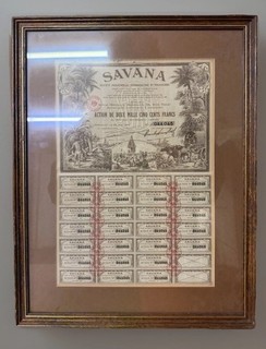Vintage Framed Savana French Share Certificate Wall Art Financial Document
