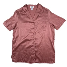 Sostanza 100% Silk Button Up M Tunic Top Pink Short Sleeve Pocket Side Slits