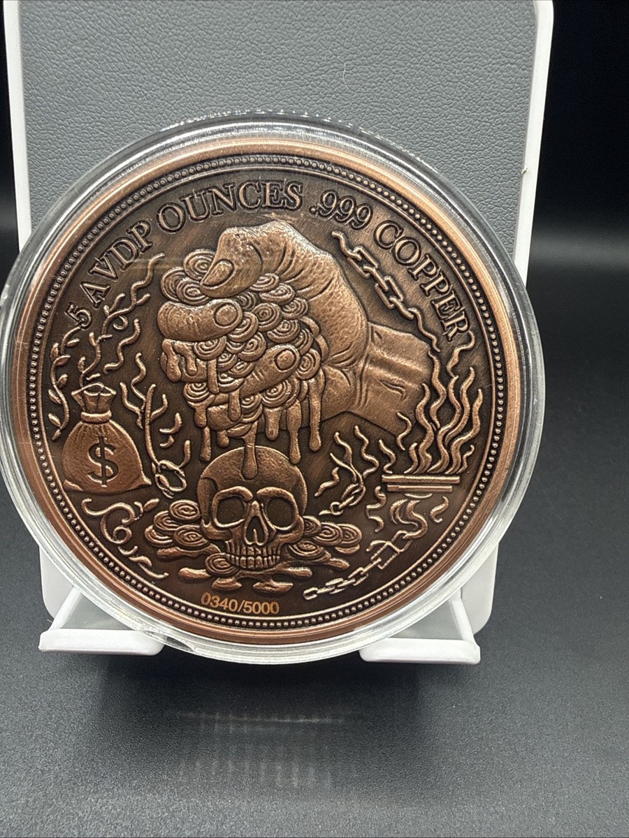 5 oz Copper Coin Price of Greed Colorized High Relief in Capsule