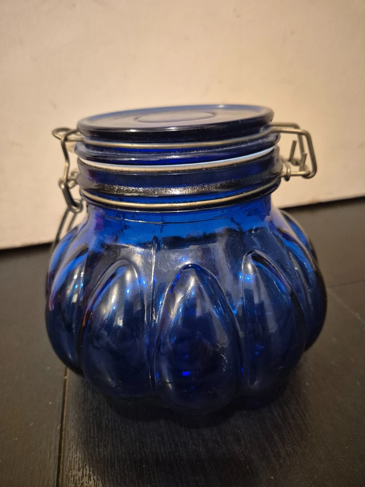 Vintage Cobalt Blue Glass Biscuit Jar Pumpkin Shape Airtight Clamp Lid Storage