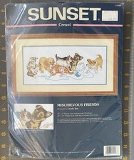 DIMENSIONS Sunset Crewel Kit 1997 MISCHIEVOUS FRIENDS Kittens & Puppies 20" x 9"
