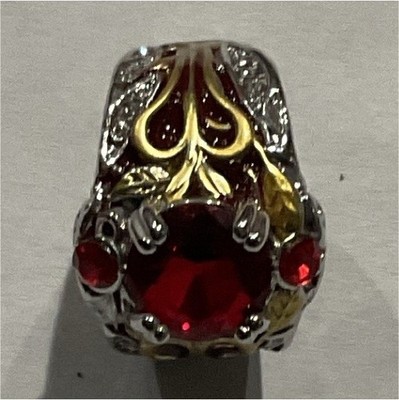 Two-Tone Silver & Gold Tone Cocktail Statement Ring Round Red Stone Size 6.5
