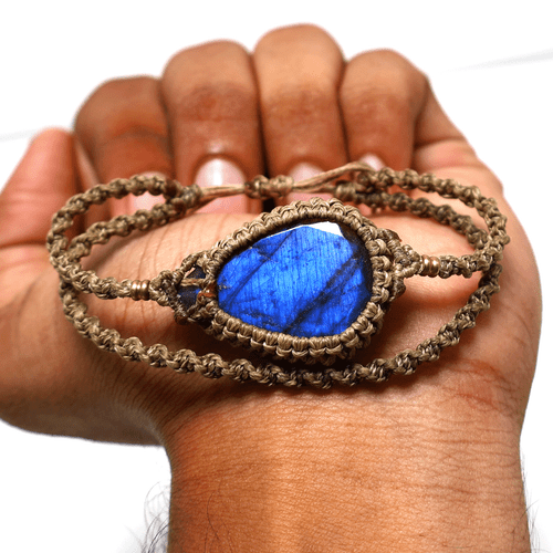 Brazalete de cristal de macramé hecho a mano de labradorita natural ~ aurora en tu muñeca - Imagen 2 de 11