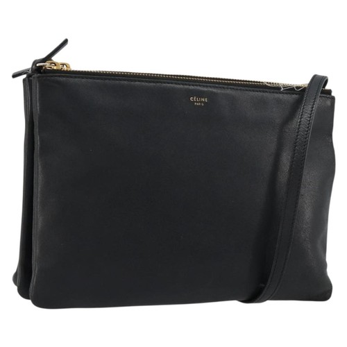 CELINE Trio Shoulder Bag Leather Black Gold Auth 180834