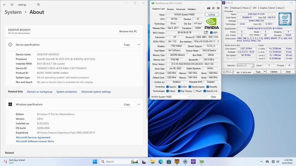 HP Z4 G4 Workstation 19" XEON W-2125 512GB SSD 64GB W11P Quadro P4000 DVD - Image 4 of 4