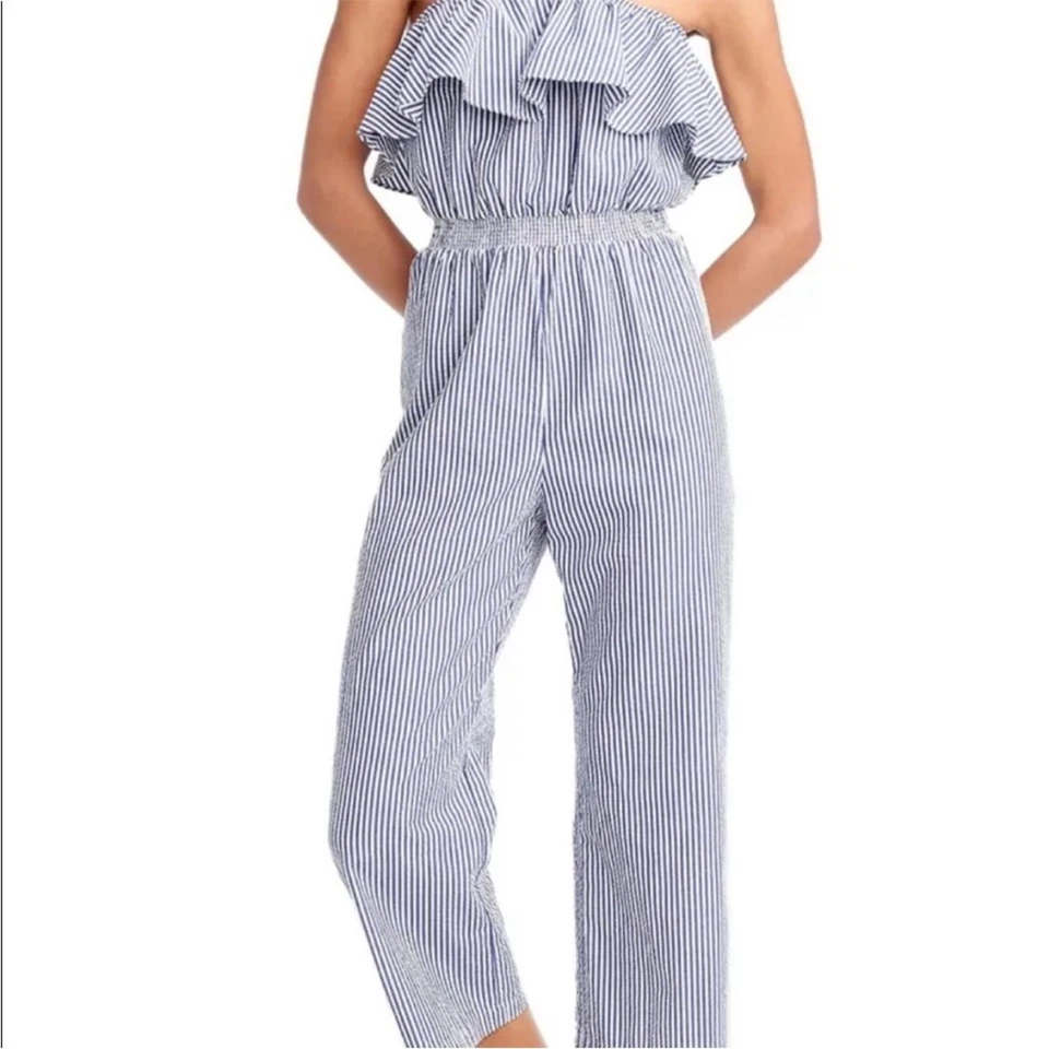 J. Mono CREW NUEVO CON ETIQUETAS Azul y Blanco Seersucker Sin Mangas Cintura Elástica Talla S Foto 2 de 4