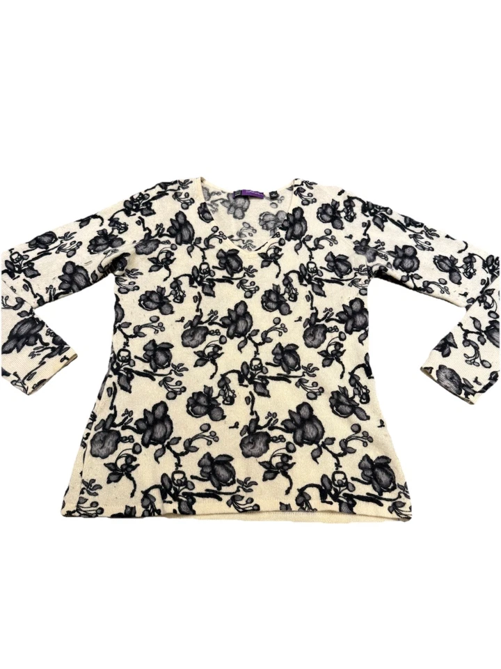 Suéter de cachemir para mujer Saks Fifth Avenue talla M negro blanco patrón de flores Foto 2 de 4