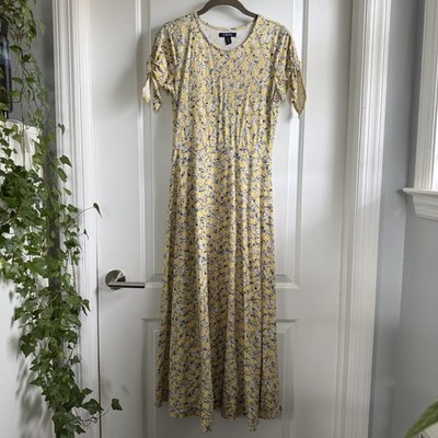 Chaps Women's S Yellow Floral Maxi Dress 100% Cotton Cottage Bow Puff Sleeve