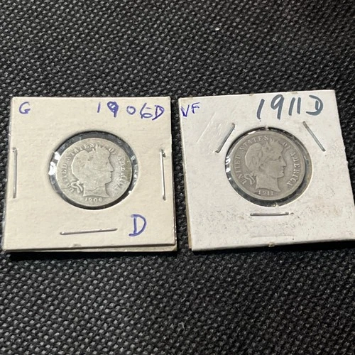 2x Barber Dime Lot 90% Silver 1906-D, 1911-D