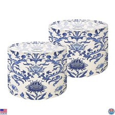 Boho Drum Lamp Shade Set of 2, 11"x11"x8.9", Natural Linen, Blue Floral Design