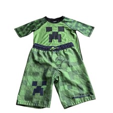 Minecraft Swimwear Creeper Set Boys Medium Trunks Board Shorts Shirt Green