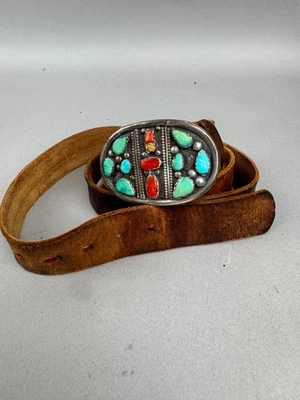 Vintage Silver Leather Belt w Turquoise, Red, Blue Coral Native Made in USA RAR - Image 1 of 4