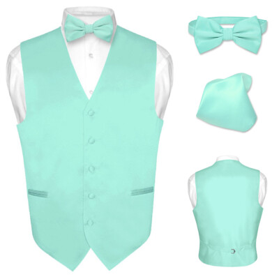 Men's Dress Vest BOWTie Hanky AQUA GREEN Color Bow Tie Set for Suit or Tuxedo