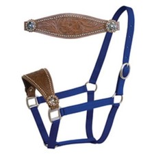 Western Blue Nylon Bronc Halter with Brass Hardware Hand Carving : Star Conchos