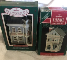 Hallmark Keepsake Ornament 1990 Holiday Home & 1988 Hall Bros Card Shop