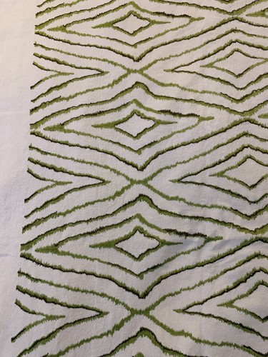 Embroidered 100% Cotton Fabric White Geometric Pattern Green Brown 2+ Yds