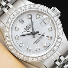 LADIES ROLEX DIAMOND DATEJUST 18K WHITE GOLD STAINLESS STEEL SILVER DIAL WATCH