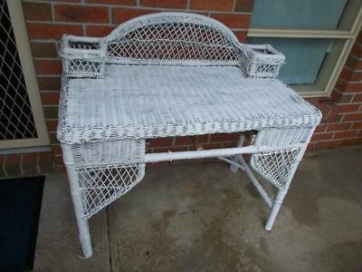 French Provincial White Wicker Cane Writing Desk Hall Display Table