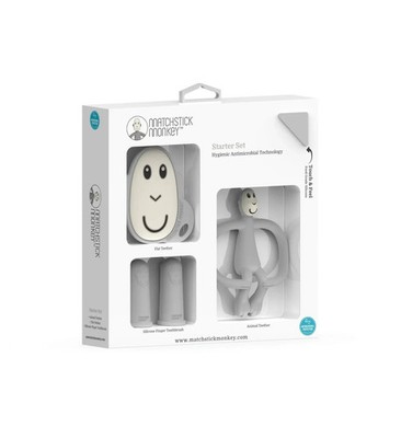 Matchstick Monkey Teething Starter Set Cool Grey Flat Face Teether Finger Brush