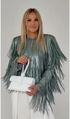 ZARA 2026 ZW Collection Silver Grey Sequin Fringe Jacket Size L 3210/040 Trendy - Image 1 of 4