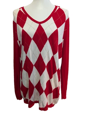 Pull Tommy Hilfiger Femme Col V Rouge & Blanc Losanges Filet d'Or - Taille 2XL - Photo 1/4