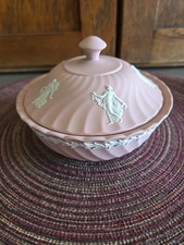 Wedgwood Pink Jasperware "Dancing  Hours" Powder Trinket Dish + Lid Fluted EUC