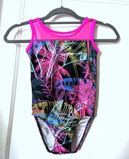 Plum Practicewear Gymnastics Leotard Tropical Print Pink Mesh Size CL