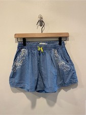 Mini boden girls embroidered chambray shorts functional drawstring size 9-10
