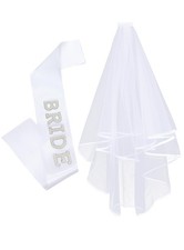Bride-to-Be Sash Bride Veil White Wedding Bachelorette Pearl Satin 2 PCS