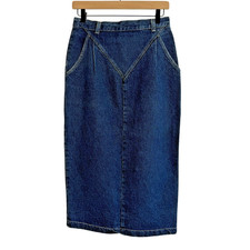 Vintage Denim Jean Midi Skirt Front Yoke Back Slit Medium Blue Size 11/12 USA