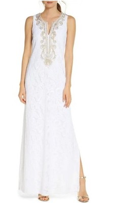 LILLY PULITZER Resort White Lace Gold Metallic Carlotta Wildflower Maxi Dress 2