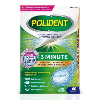 Polident 3 Minute Antibacterial Dental Appliance Cleanser Tablets, 60 Count 