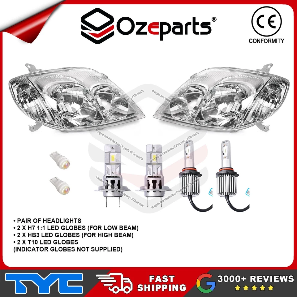 Pair LH+RH Head Lights + LED Globes For Toyota Corolla ZZE122 Hatch 2001~2004 - Image 3 of 4